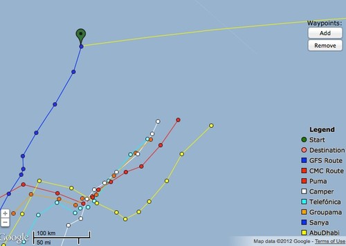 At 0900UTC, the fleet positions have straightened, as all boats head north - Volvo Ocean race May 27, 2012 © PredictWind.com www.predictwind.com